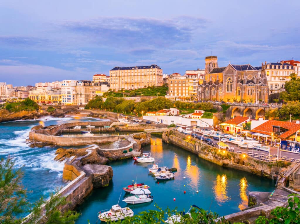 Aerial view of the marina of Biarritz at sunset