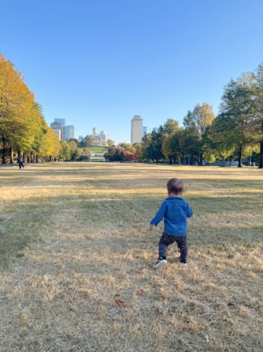 The author's kid walking at the open space in Bicentennial Capitol Mall State Park