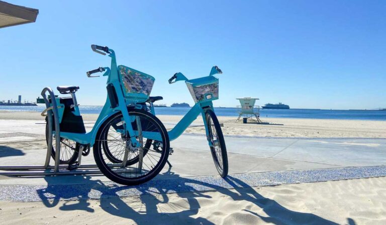 View of two bicycles parked in Long Beach