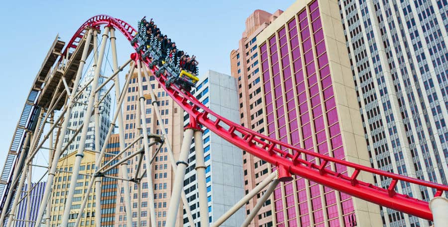The Big Apple Roller Coaster passing through in front of the New York-New York Hotel