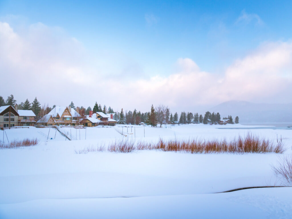 Panoramic view of the snow covered landscape of Big Bear
