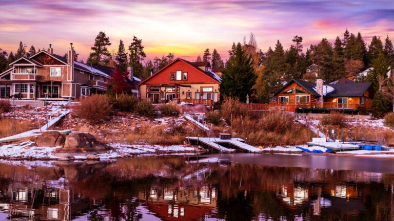 Picturesque view of the sunset over the local cabins