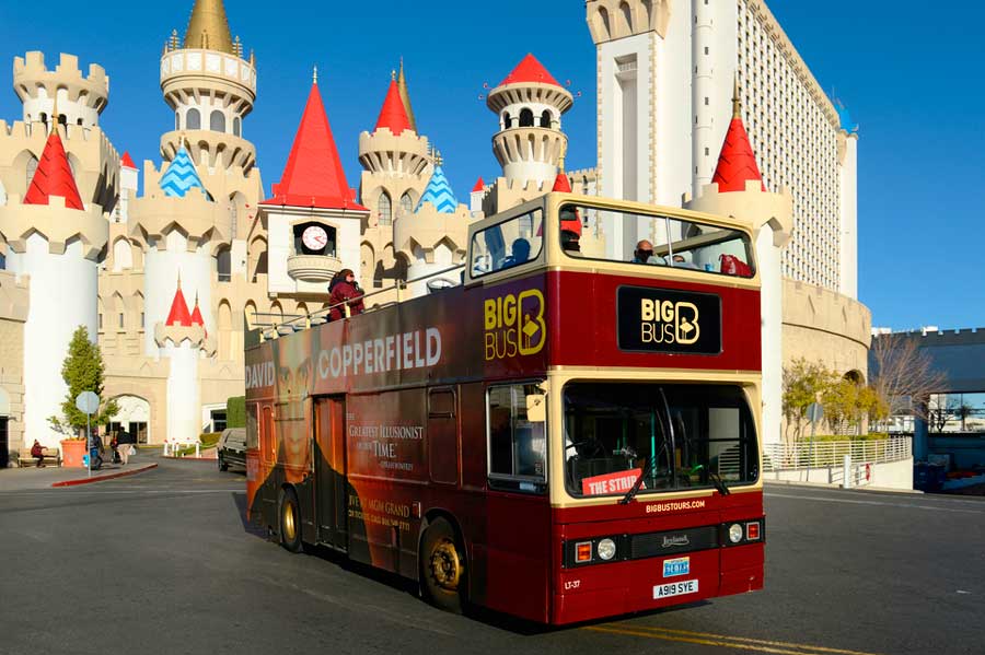 A red Big Bus during a tour in Las Vegas