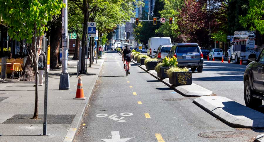 A biker on the bike lane in Seattle
