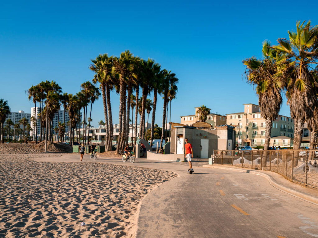 Clear blue sky over a bike path at the Venice Beach