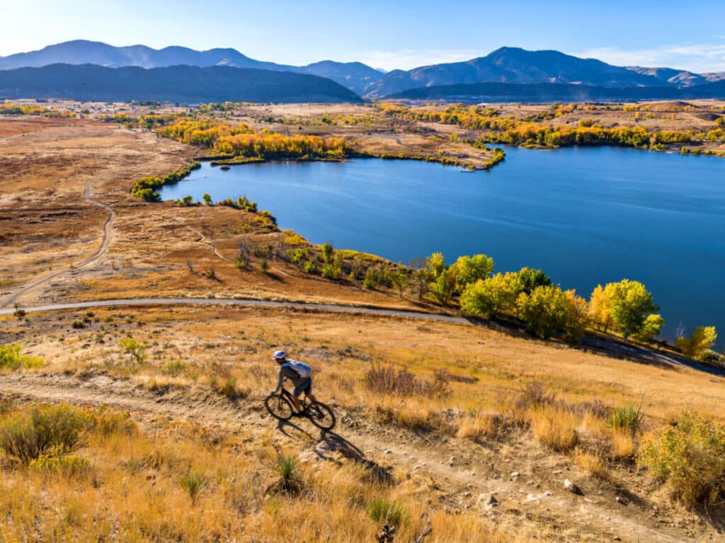 A mountain biker riding at Bear Creek Lake Park