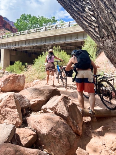 View of the bikers along the Pa’rus Trail in Zion National Park