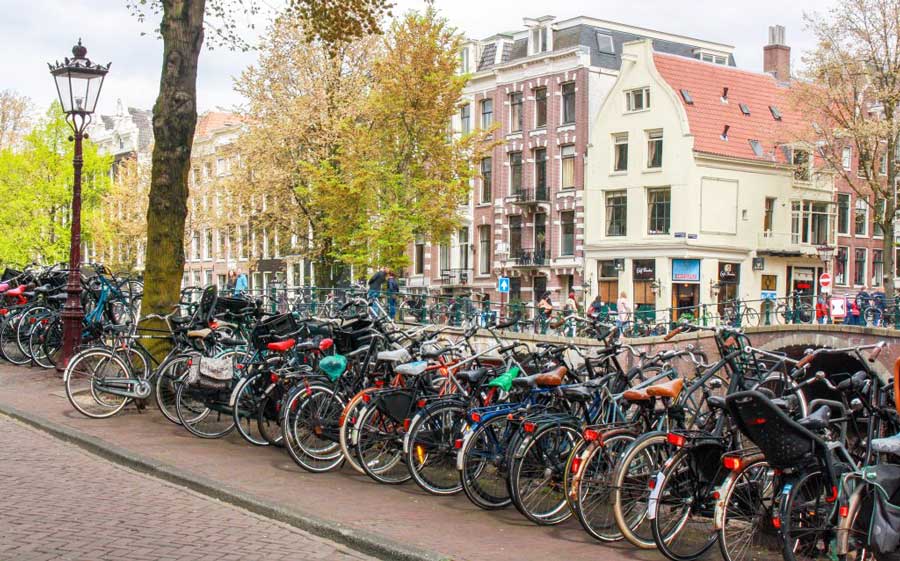 View of bikes parked in Amsterdam