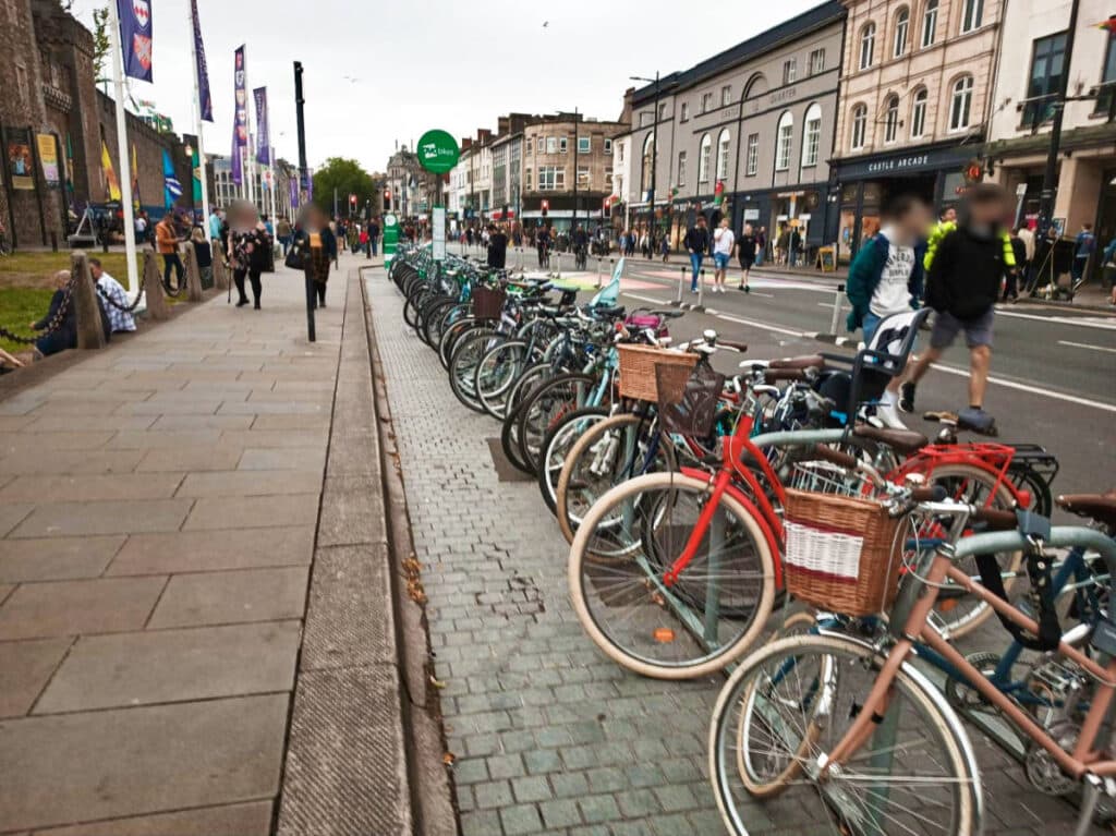 View of the bikes parked along the street