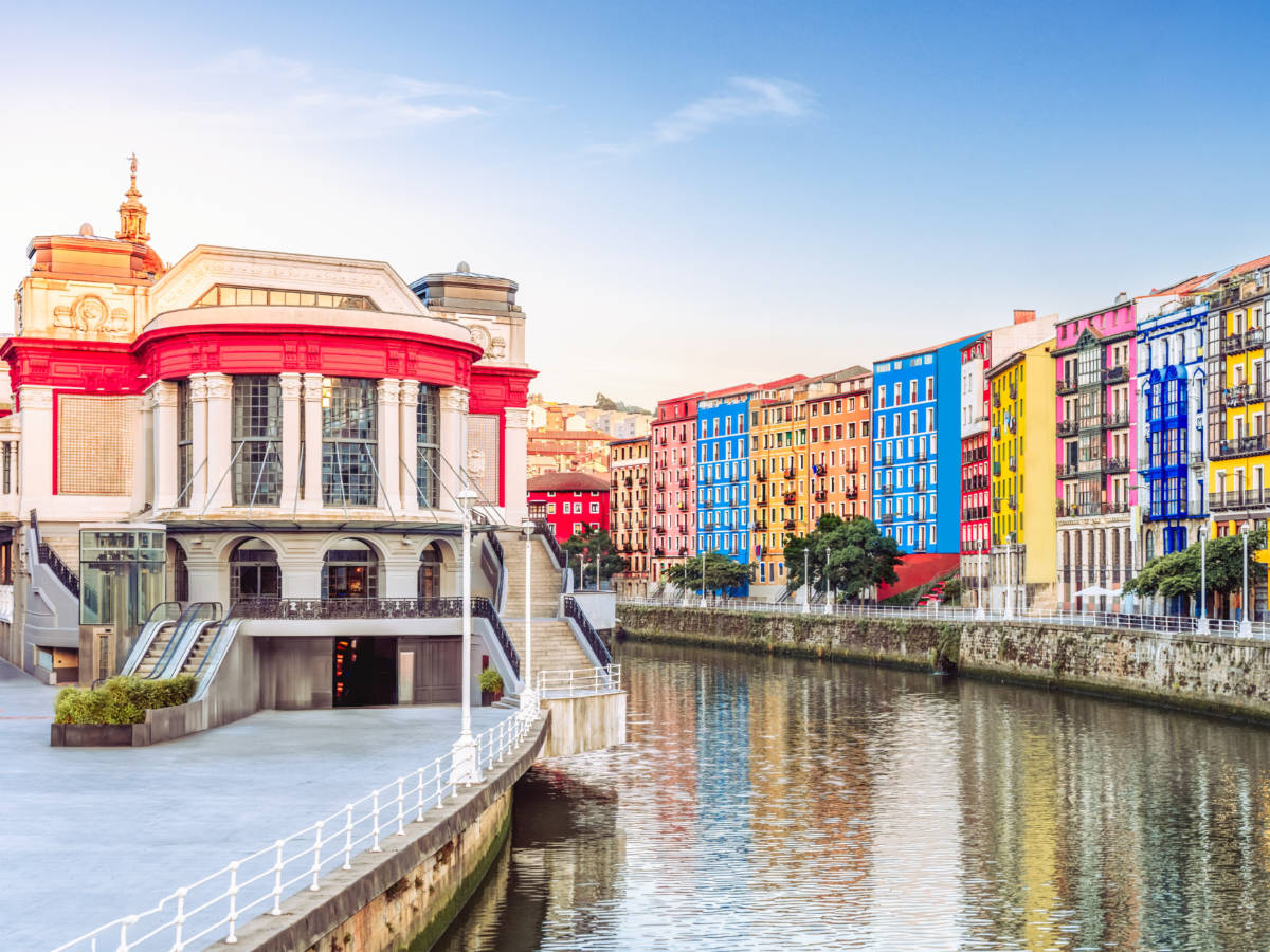 Bilbao old town cityscape on the riverbank featuring colorful houses