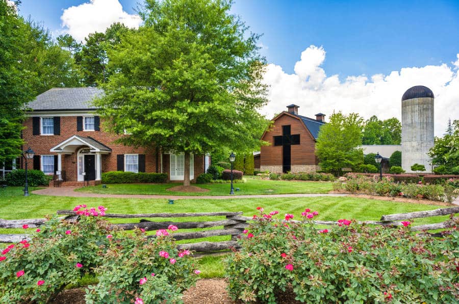 View of the Billy Graham Library and the blooming garden on the landscape