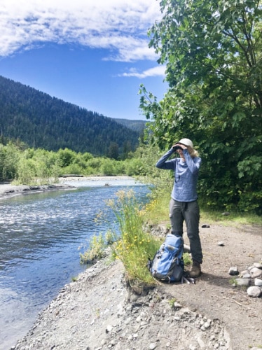 The author's mother-in-law doing some bird-watching along the Hoh River