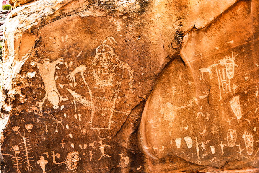 Closeup view of the Birthing Scene petroglyph panel in Moab