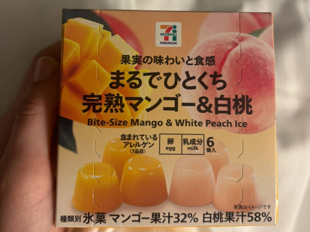 A small box of Bite-Size Peach & Mango Ice from 7/11