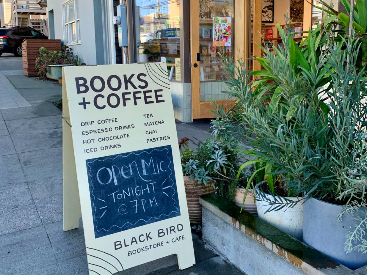 The sign outside Black Bird Bookstore and Café