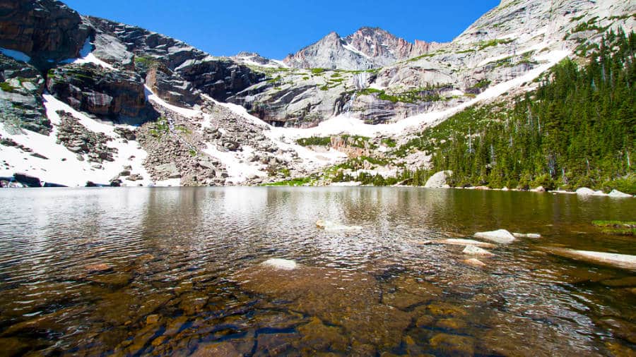 Panoramic view of the clear water of Black Lake and the snowy mountain in the background