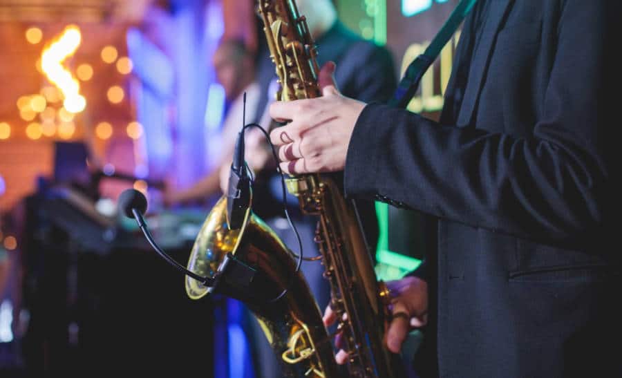Close up view of a saxophone in Black Note Club