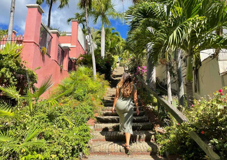 The author's wife ascending the stairs in Blackbeard's Castle