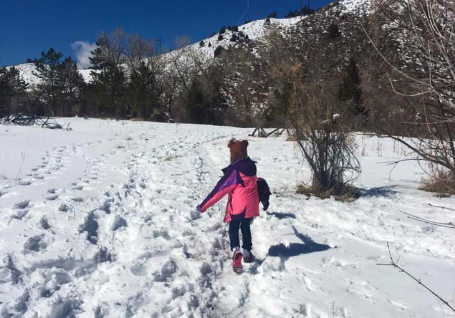 A child walking in the middle of the snow on a sunny day