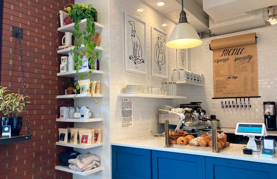 The counter inside the Blue Sparrow Coffee