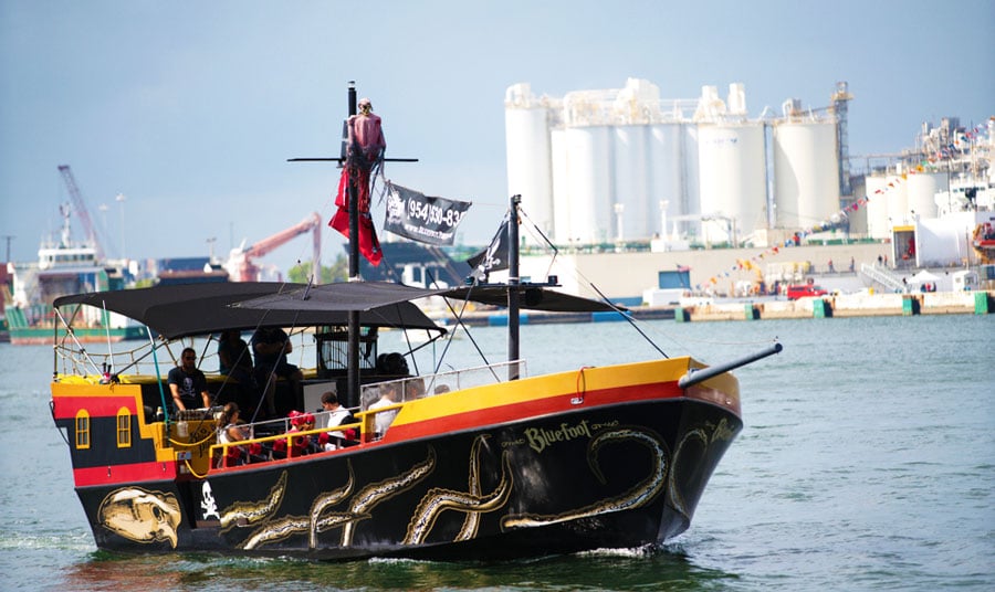 View of the Bluefoot Pirate Adventure boat with passengers on it