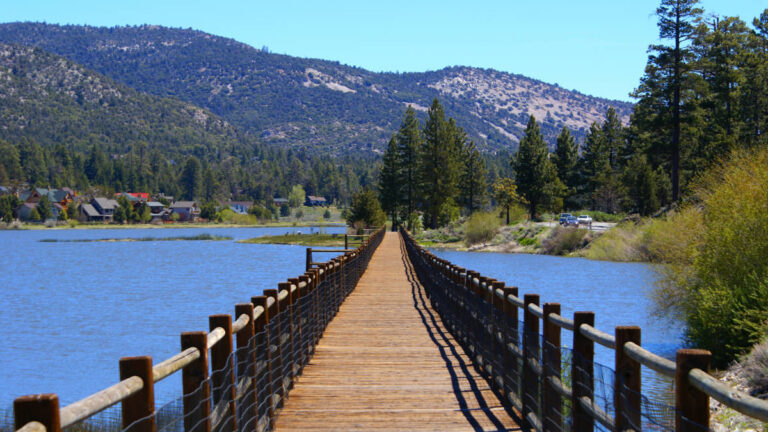 Admiring the view from a boardwalk in Big Bear Lake