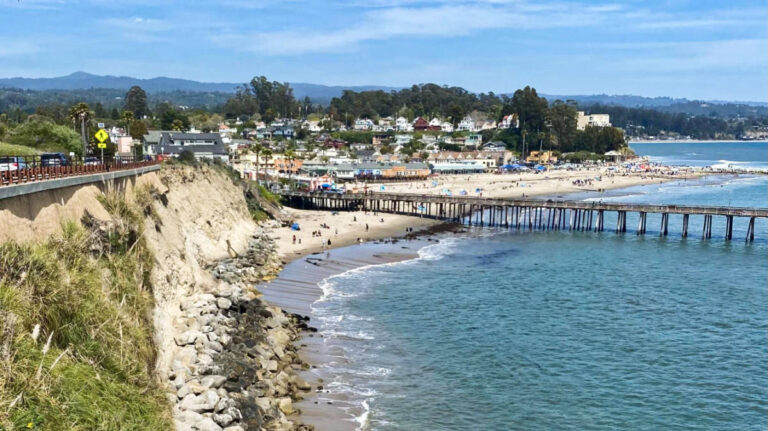 Aerial view of the seaside village and the long boardwalk in Capitola