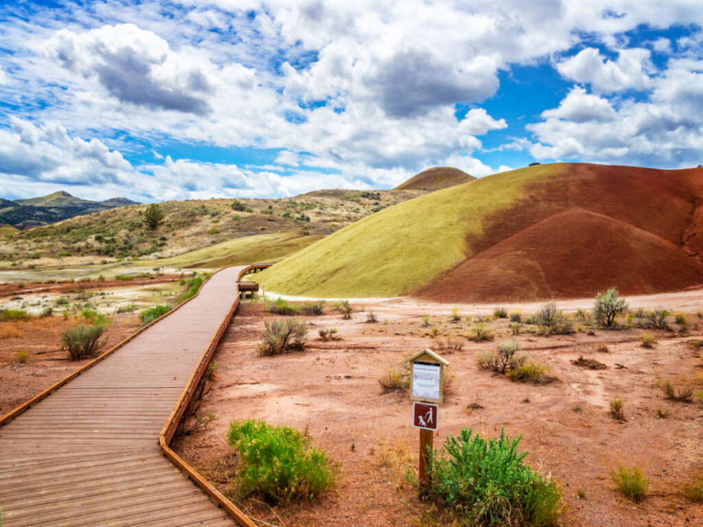 A boardwalk leading to the red and yellow hills of John Day Fossil Beds National Monument