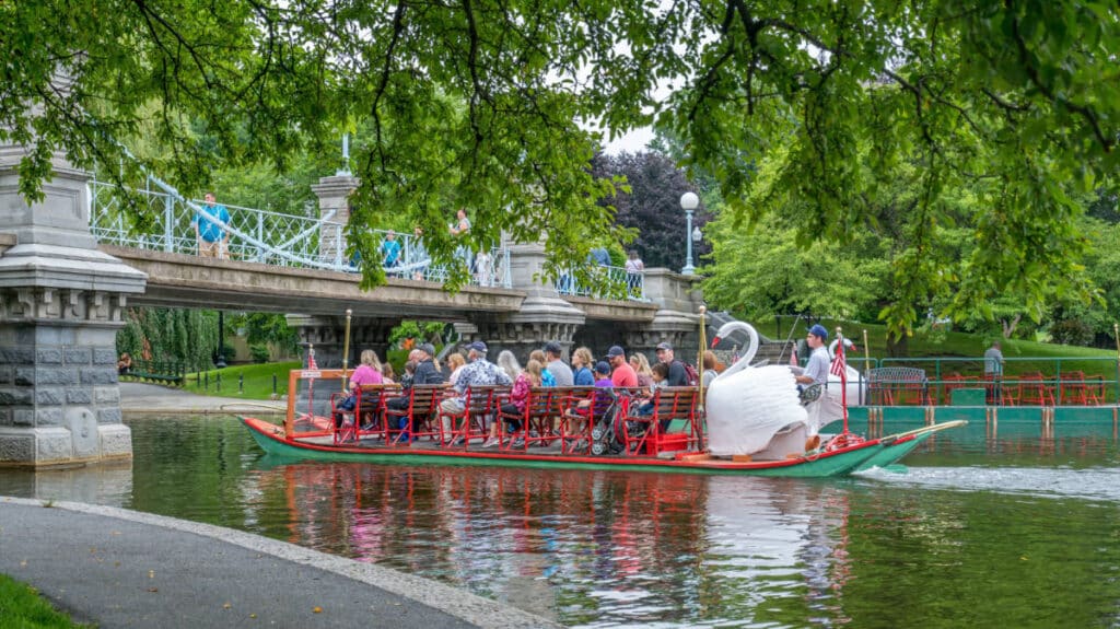 View of tourists on a swan boat in Boston