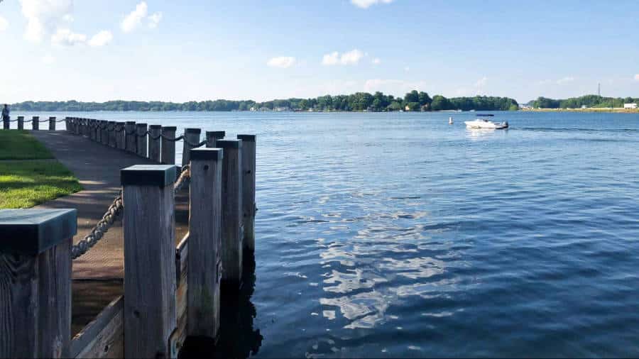 View of a boat sailing on Lake Norman from the viewing deck on a sunny day