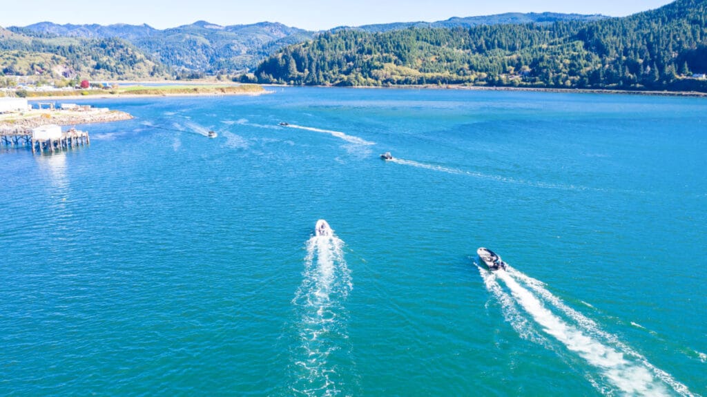 Aerial view of the sailing boats near the Oregon coast
