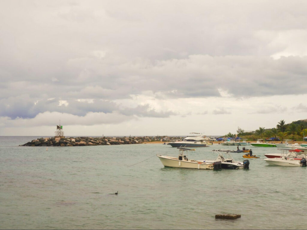 view of the boats near the shoreline and the people snorkeling
