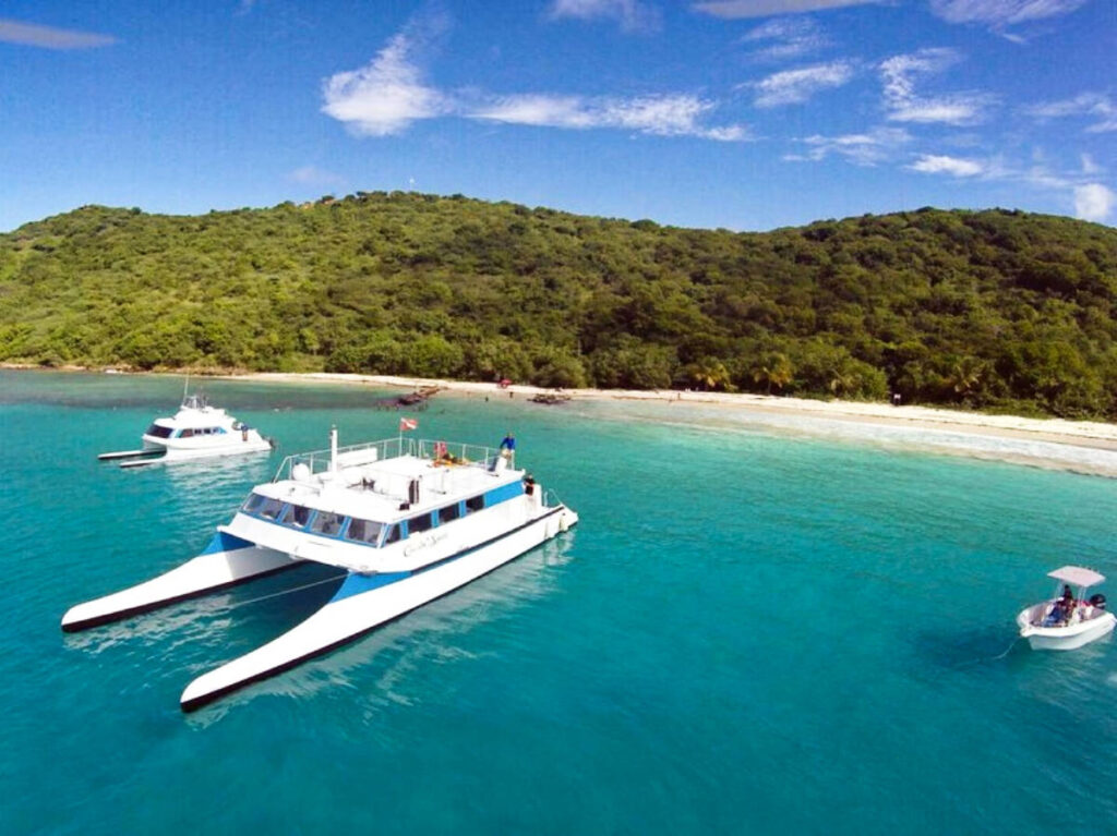 Aerial view of the catamarans sailing on the beach in Culebra
