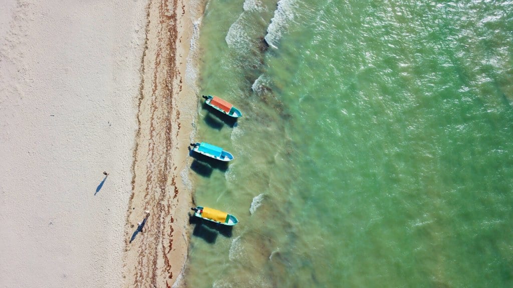 Aerial view of Boats on Celestun Beach