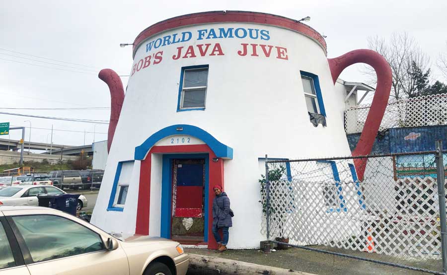 The author in front of Bob's Java Jive in Tacoma, Washington