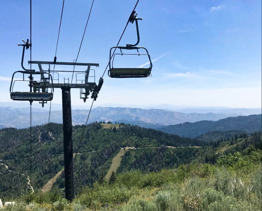 An empty chair lift on the cables at the top of Bogus Basin Mountain Recreation Area