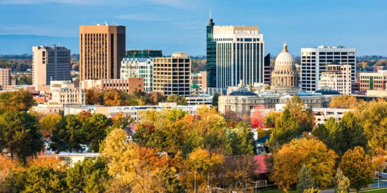 Panoramic view of the cityscape and trees during autumn