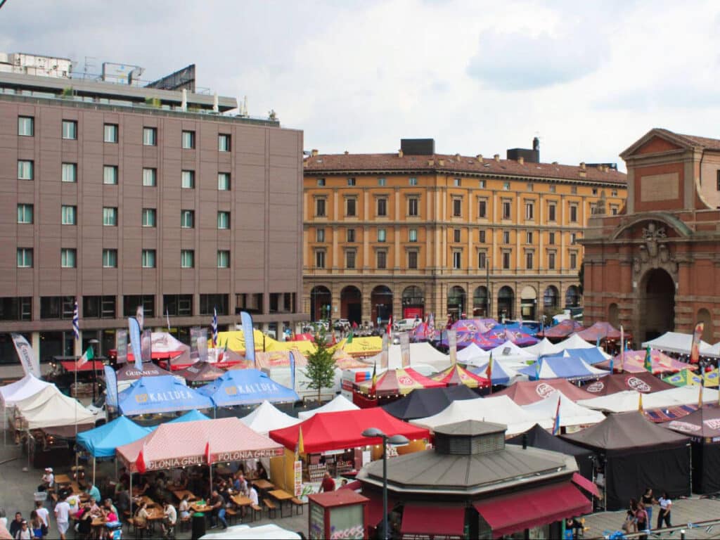Overlooking view of an outdoor food market in Bologna