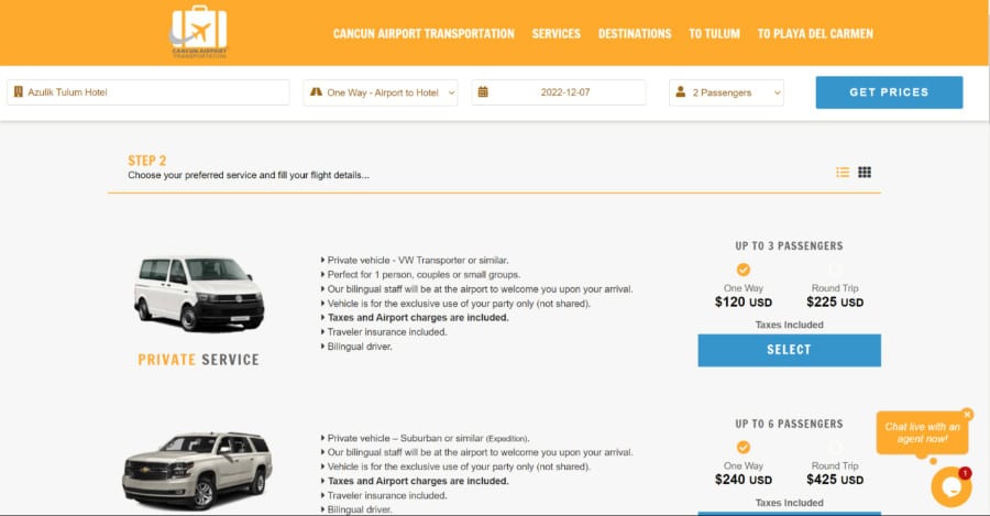 A screenshot of the booking process from Cancun Airport Transportation’s website