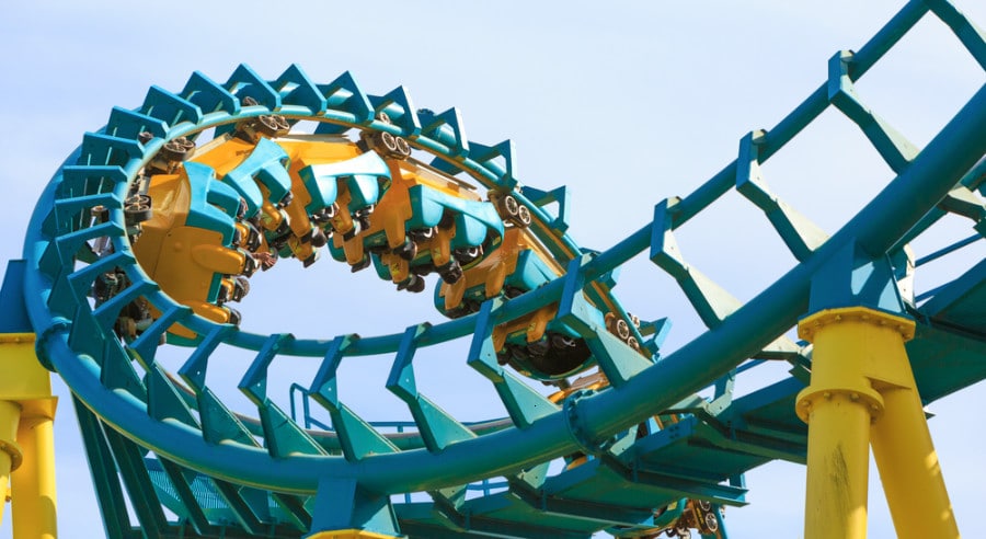 A close up look of 120-foot vertical loop of Boomerang Coast-to-Coaster ride.