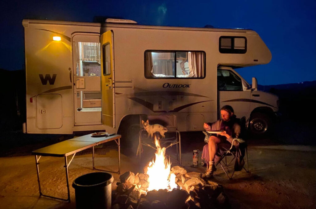 The author, McKenna Mobley boondocking in a camping site in Oregon at night