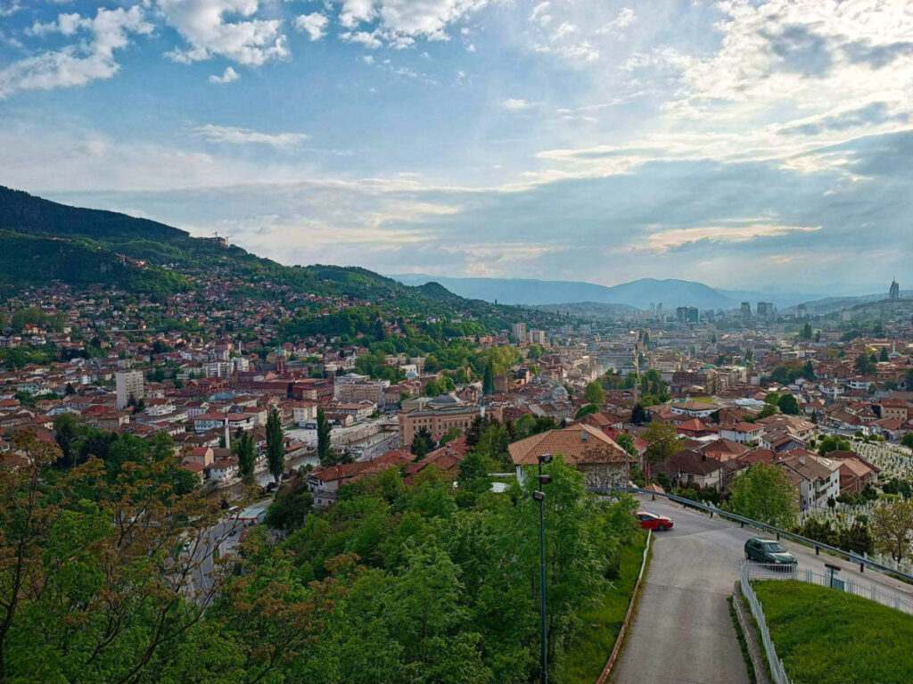 Aerial view of the neighborhood with lush greenery around