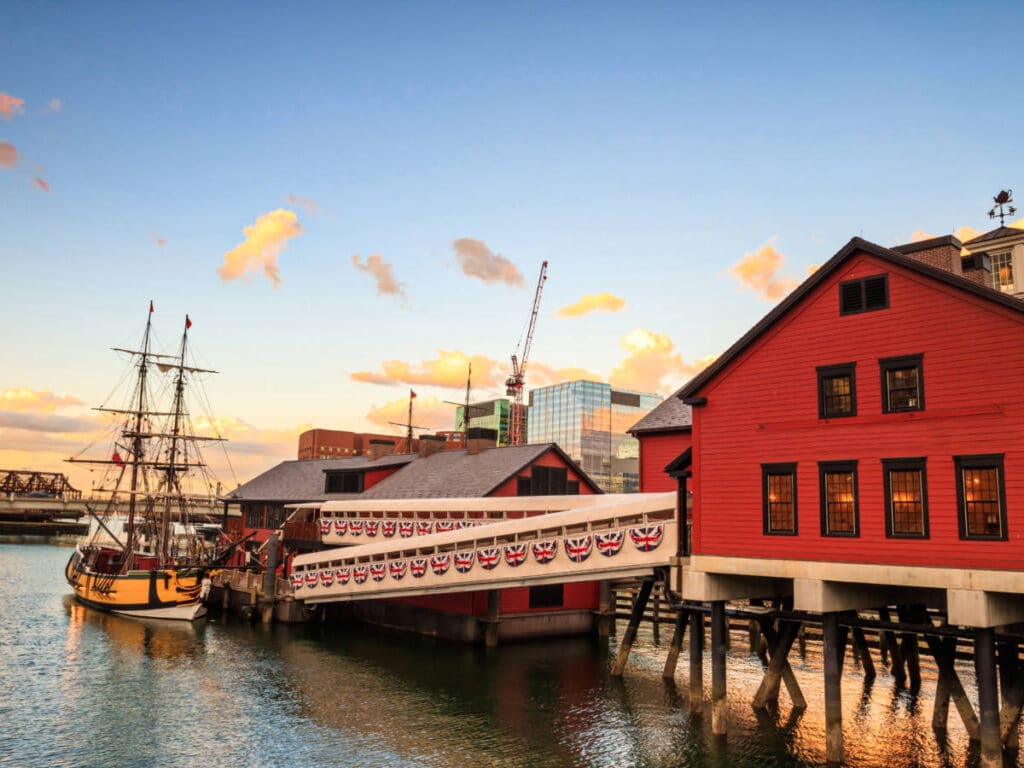 View of the docked yellow ship outside the Boston Tea Party Ships and Museum