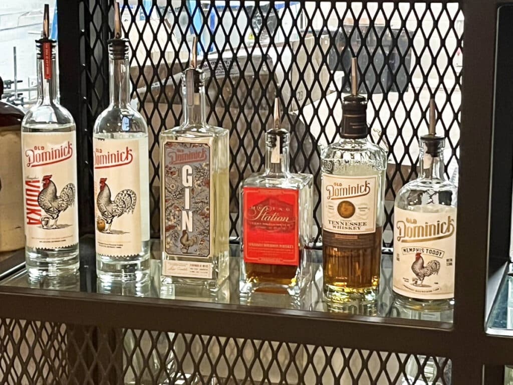 View of the displayed alcohol bottles produced at Old Dominick Distiller