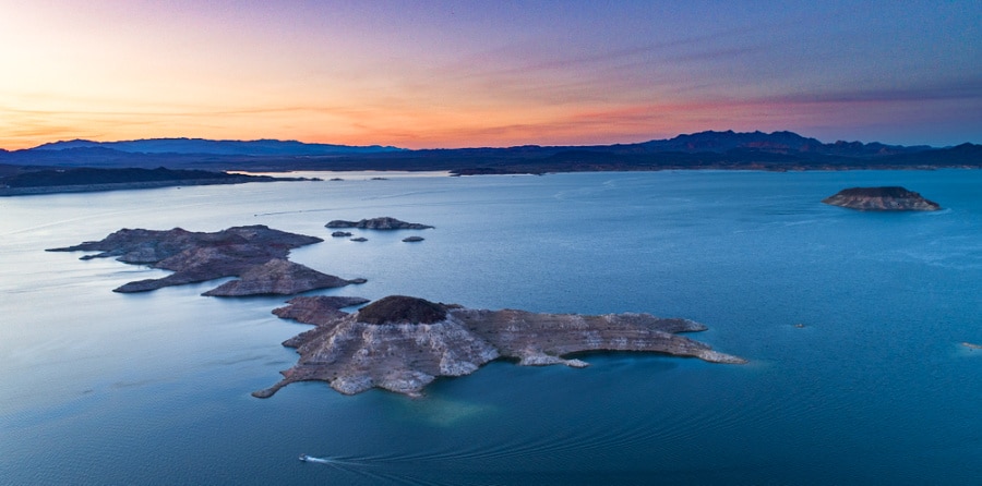 View of the Lake Mead with the Big Boulder and Littler Boulder Island from Boulder Beach Campgrounds.