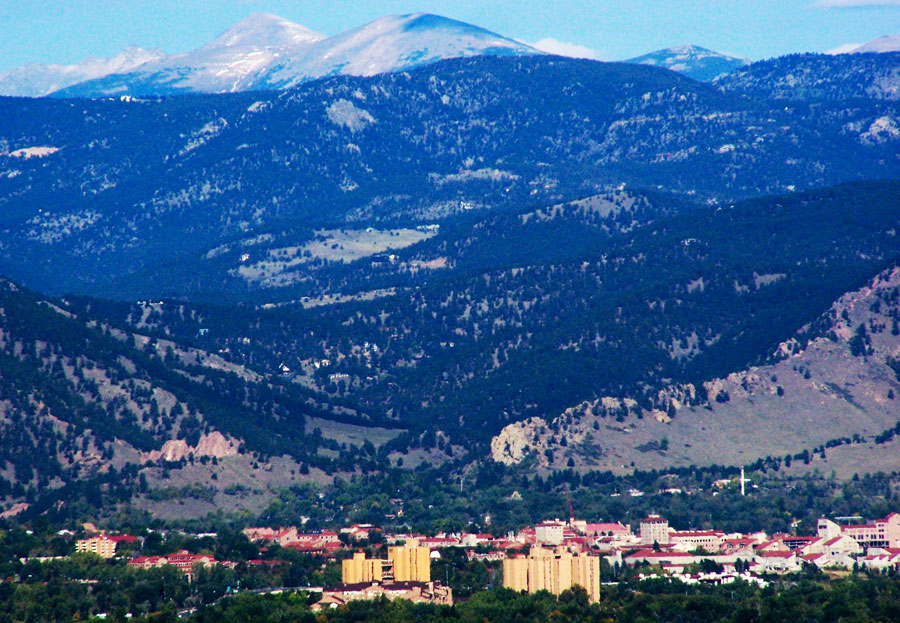 Aerial view of Boulder Colorado and mountains around it