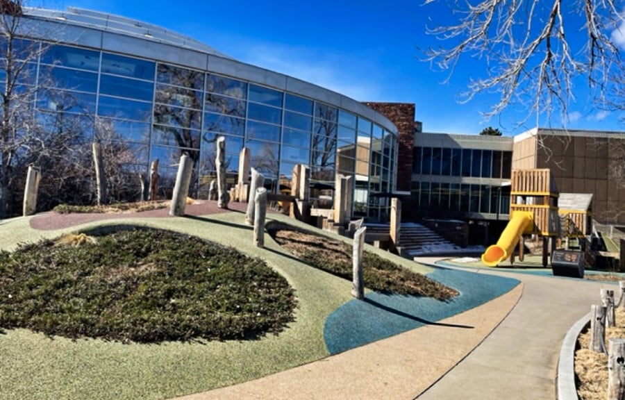 View of the empty playground outside the public library in Boulder