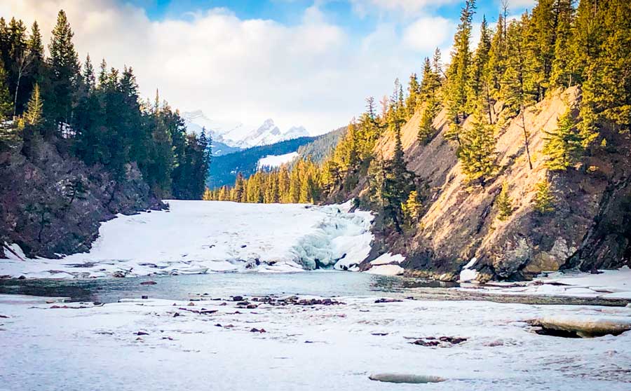 View from the frozen Bow Falls in Banff
