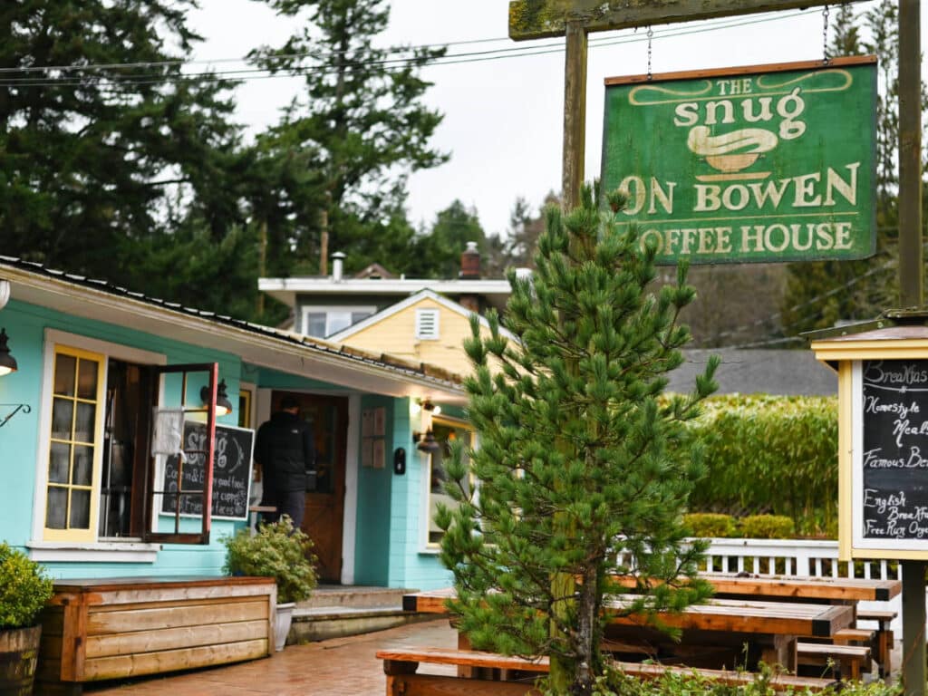 The Snug Cafe signage outside in Bowen Island