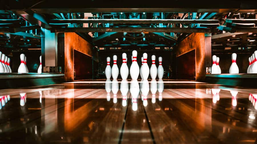 View of the pins at the bowling alley